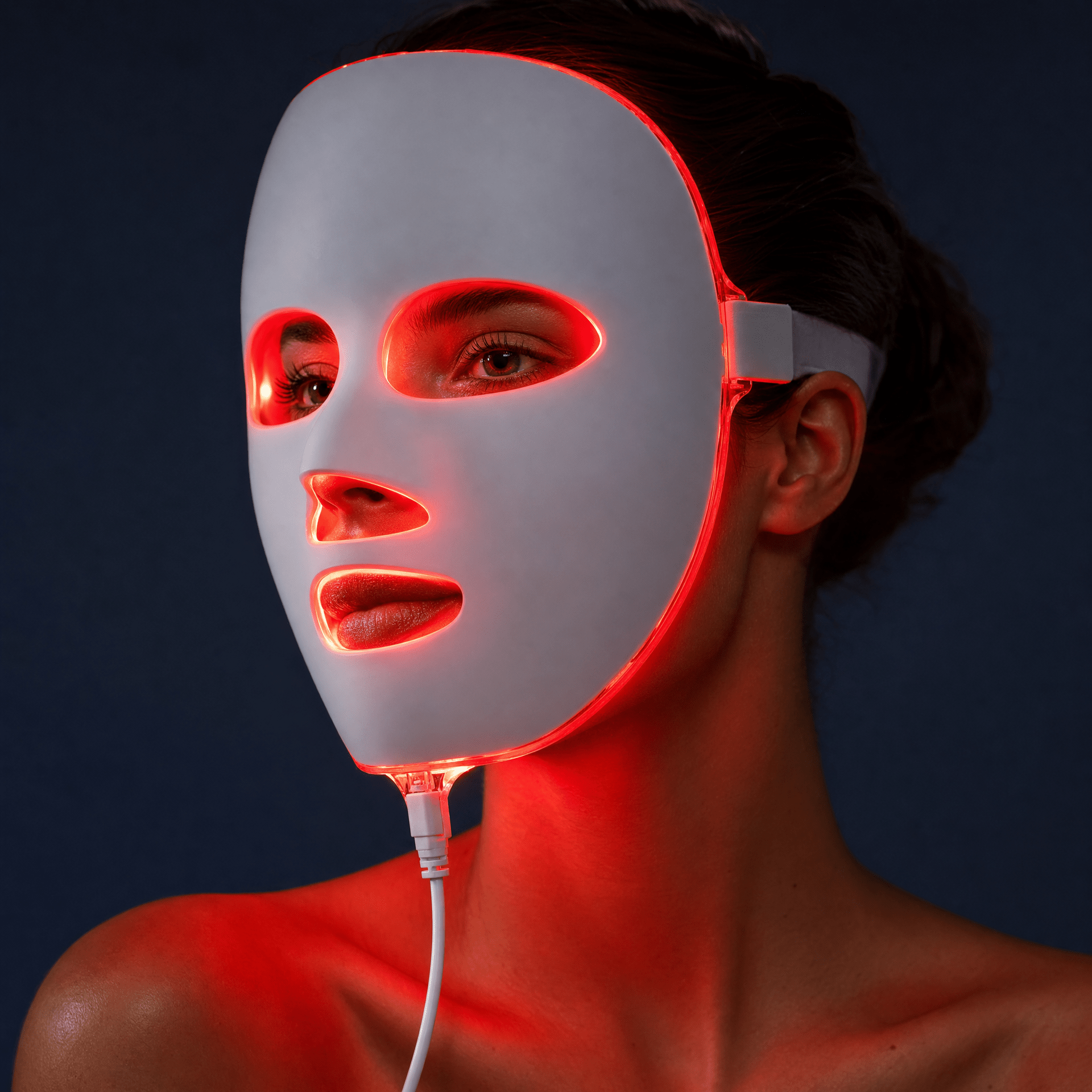 Dramatic Close-Up of Auraclarify LumaGlow LED Face Mask Glowing Red Light