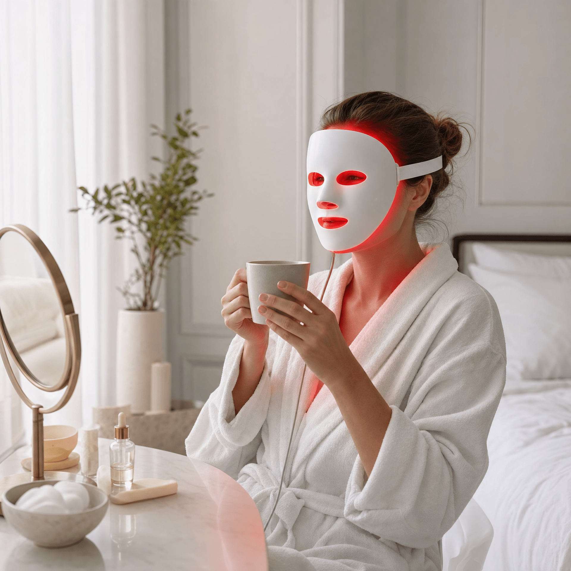 Woman Using Auraclarify LumaGlow LED Face Mask During Morning Skincare Routine