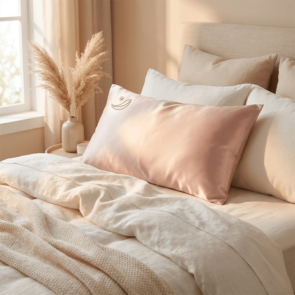 Auraclarify silk pillowcase styled on a luxury bed in a serene bedroom