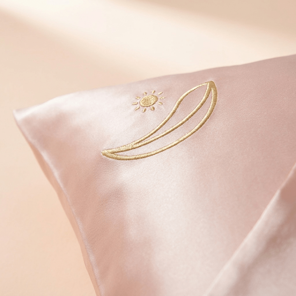 Close-up of the 3D gold embroidered Auraclarify leaf and sun logo on blush pink silk