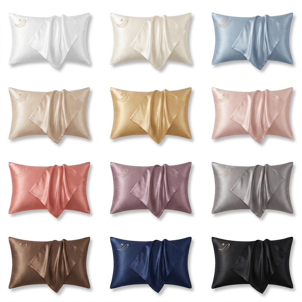 Available colors of the Auraclarify mulberry silk pillowcase in a twelve-shade lineup