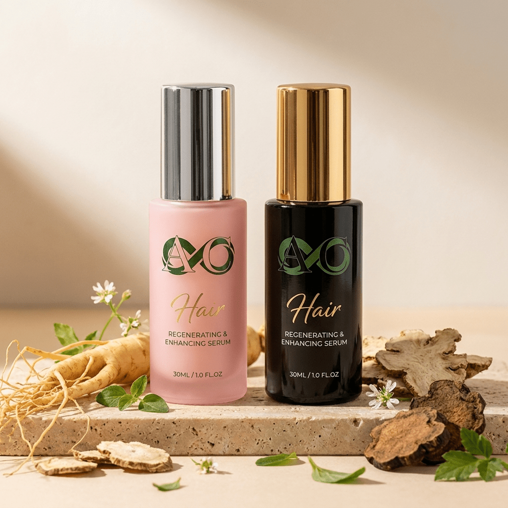 Auraclarify Regenerating Hair Serum pink and black bottles with ginseng, angelica and polygonum botanical ingredients on travertine stone