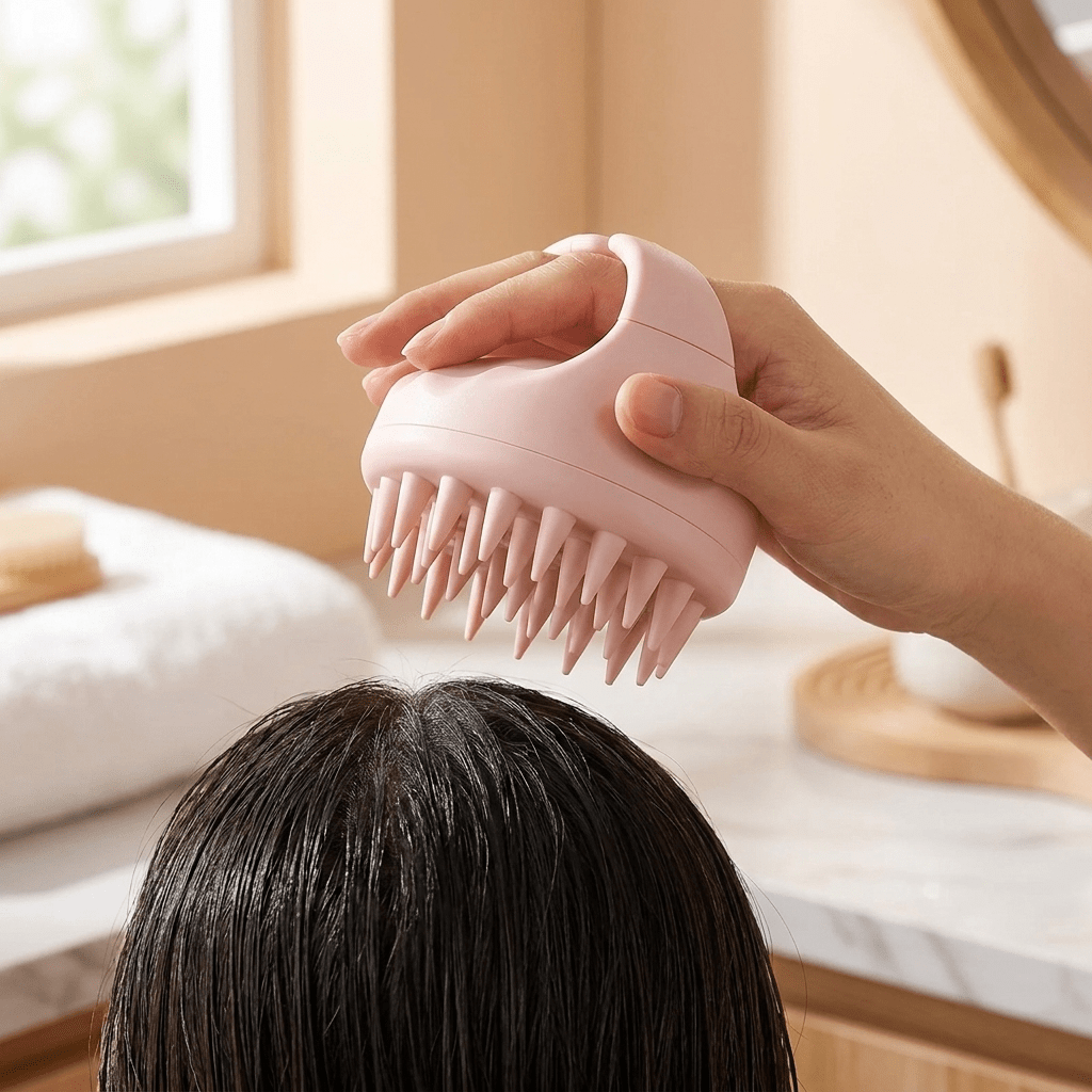 Woman using the Auraclarify Scalp Revival Massager in a spa-like bathroom