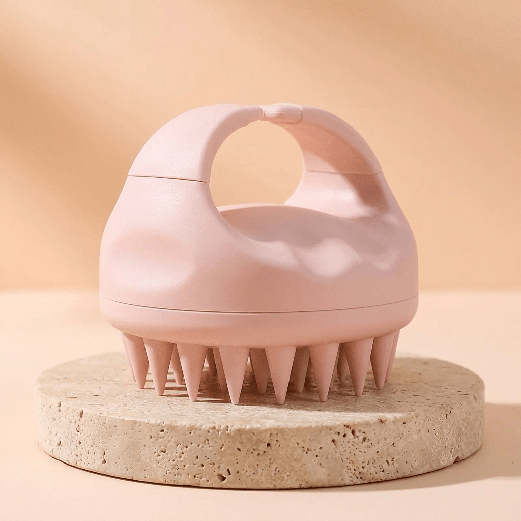 Auraclarify Scalp Revival Massager in blush pink on a stone pedestal