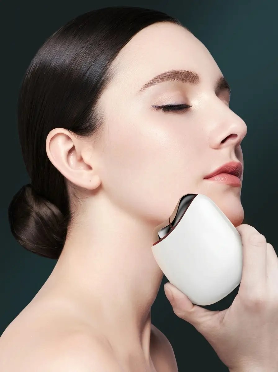 Woman gliding the Auraclarify SculptStone heated microcurrent gua sha device along her jawline