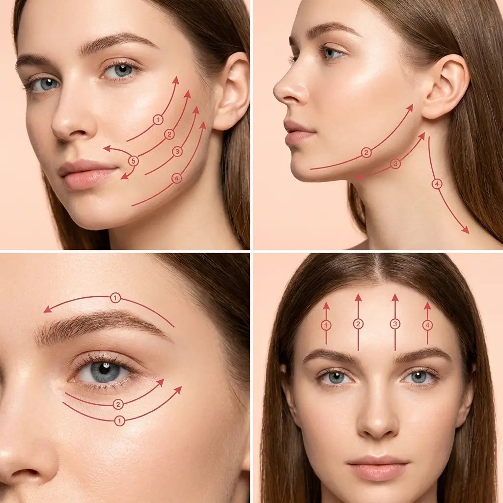 Facial massage direction guide for cheeks, jawline, eyes and forehead with the Auraclarify SculptStone