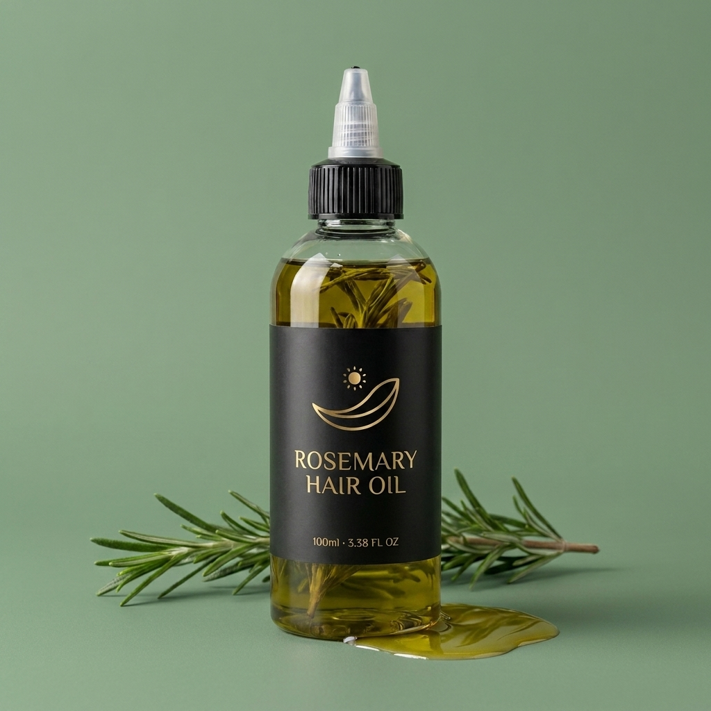 Rosemary Hair Oil 100ml bottle on sage green backdrop with rosemary sprig