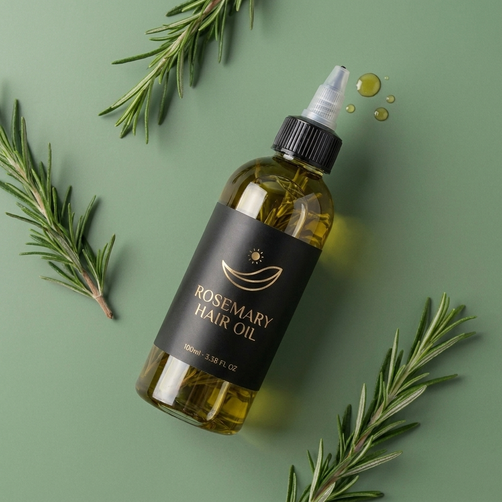 Rosemary Hair Oil flat lay with fresh rosemary sprigs