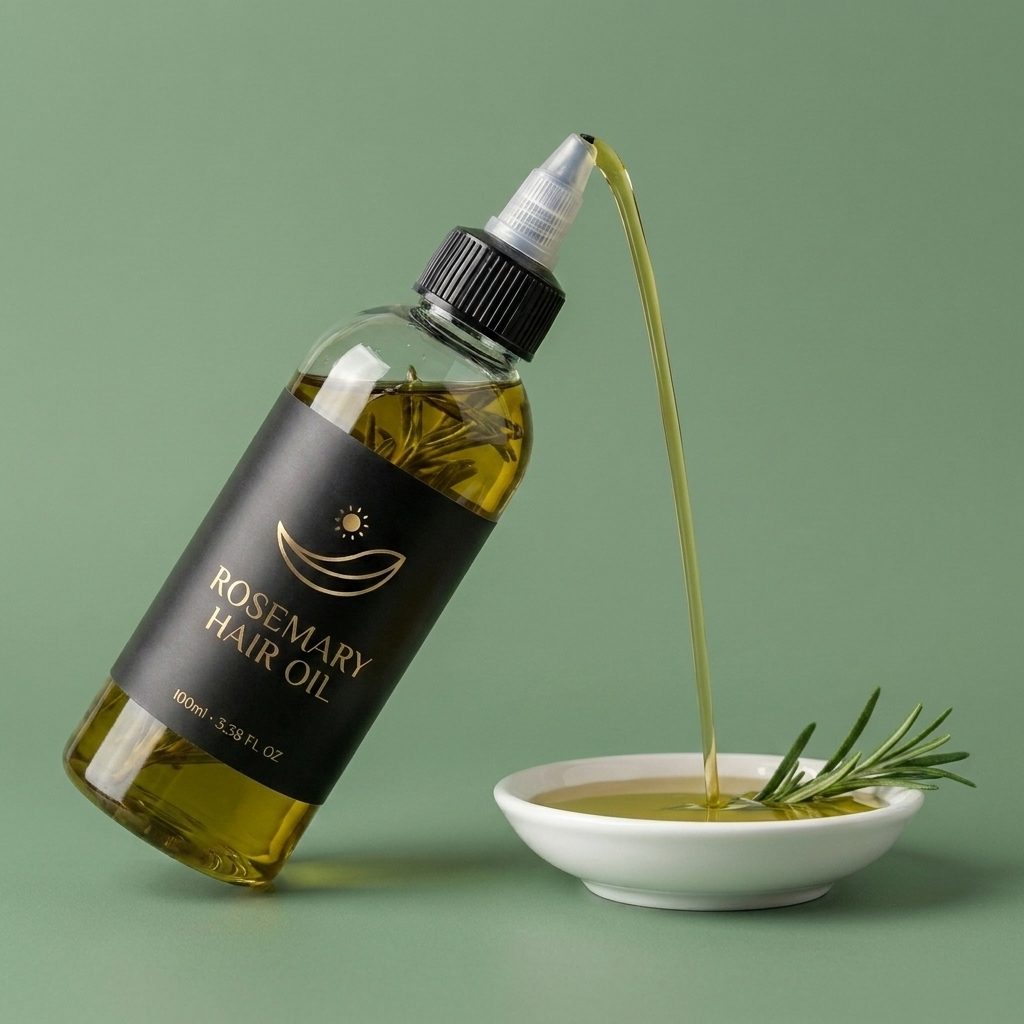 Golden rosemary oil pouring from bottle into ceramic dish