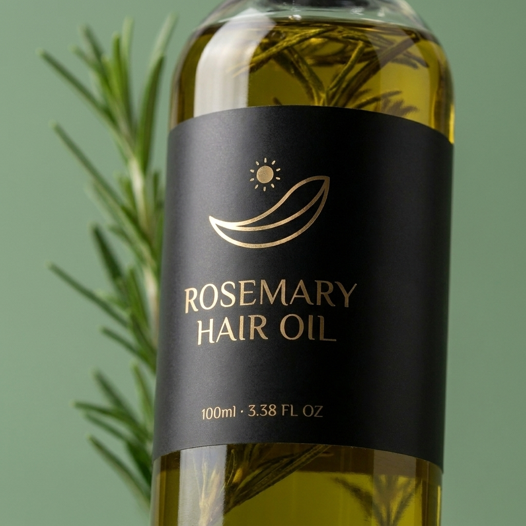 Macro close-up of Rosemary Hair Oil label with gold logo